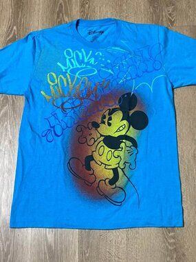 Graffiti Mickey Mouse Graphic T-Shirt Size Large Dark Turquoise Streetwear
